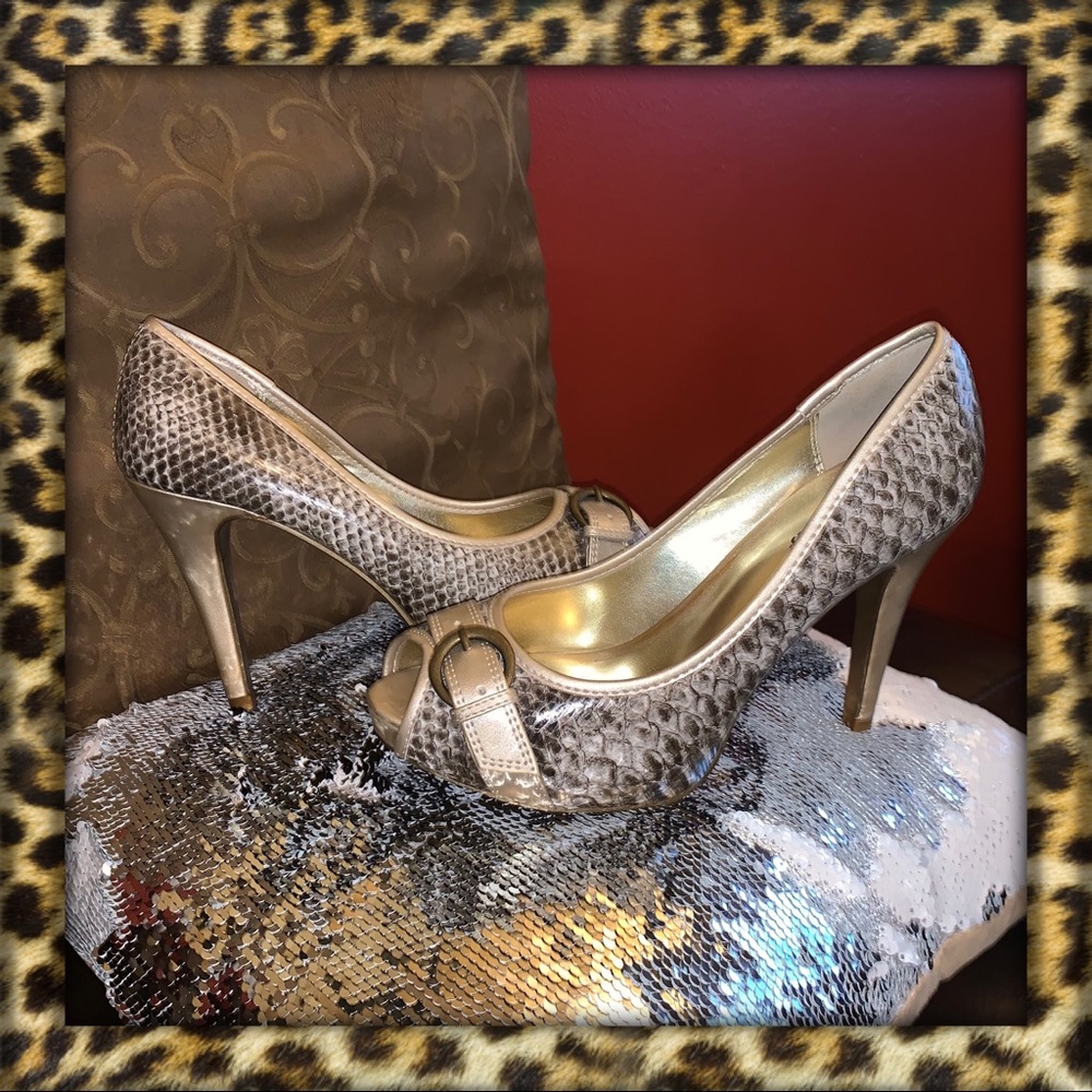 Faux Snakeskin and Gold Buckle Heels | Size 8